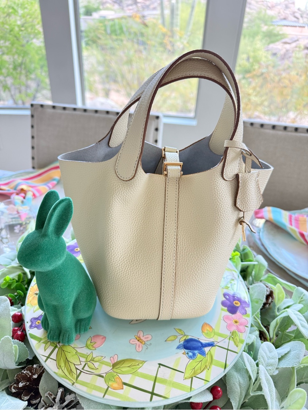 Cream Pebbled Leather Top-Handle Tote
